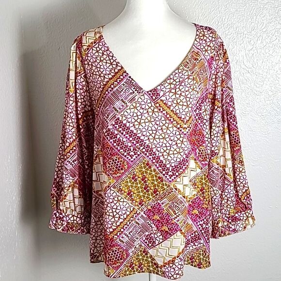 Zac & Rachel Colorful Print Top, Wide Balloon Sleeves, Pink,White,Gold, Size XL - Picture 1 of 9